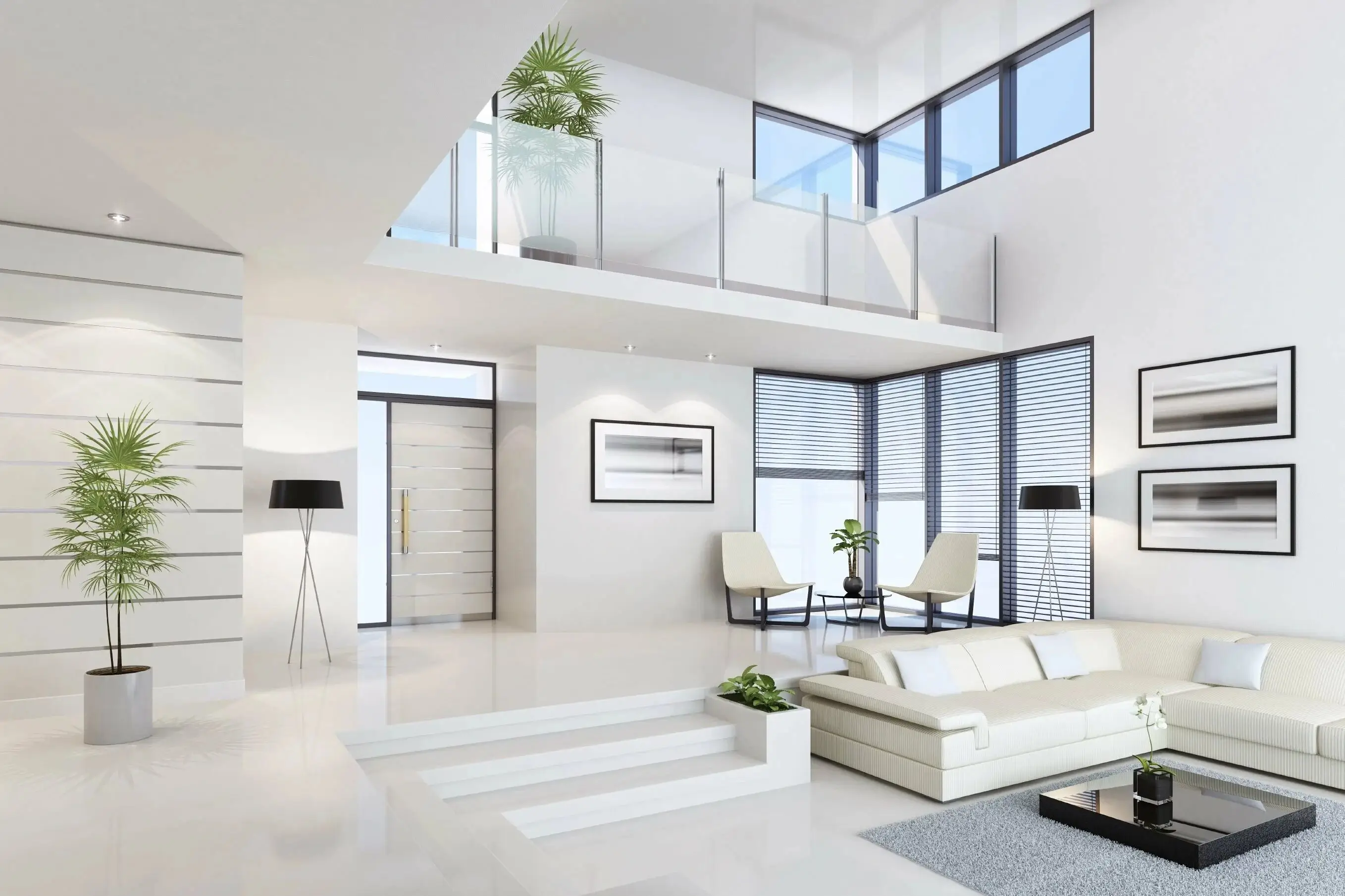 Spacious and bright modern living room interior.