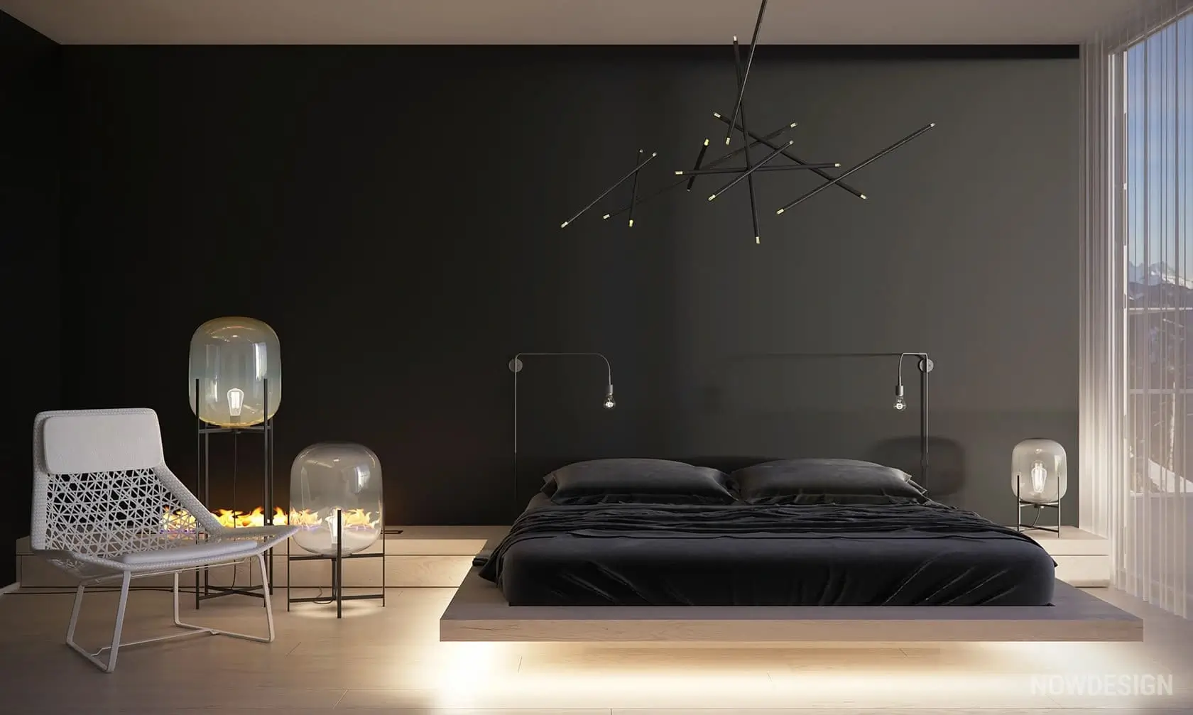 Minimalist bedroom with clean lines and soft lighting.