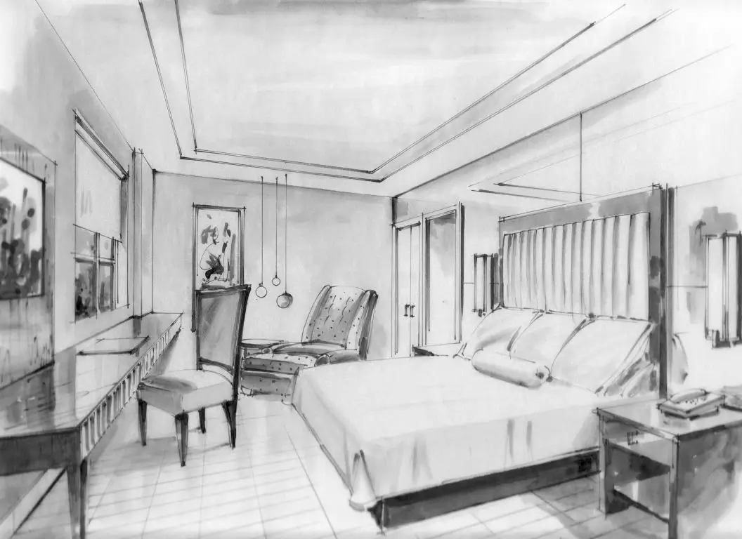 A detailed architectural hand sketch of a living room.
