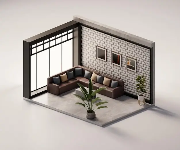 A photorealistic 3D render of the living room design.