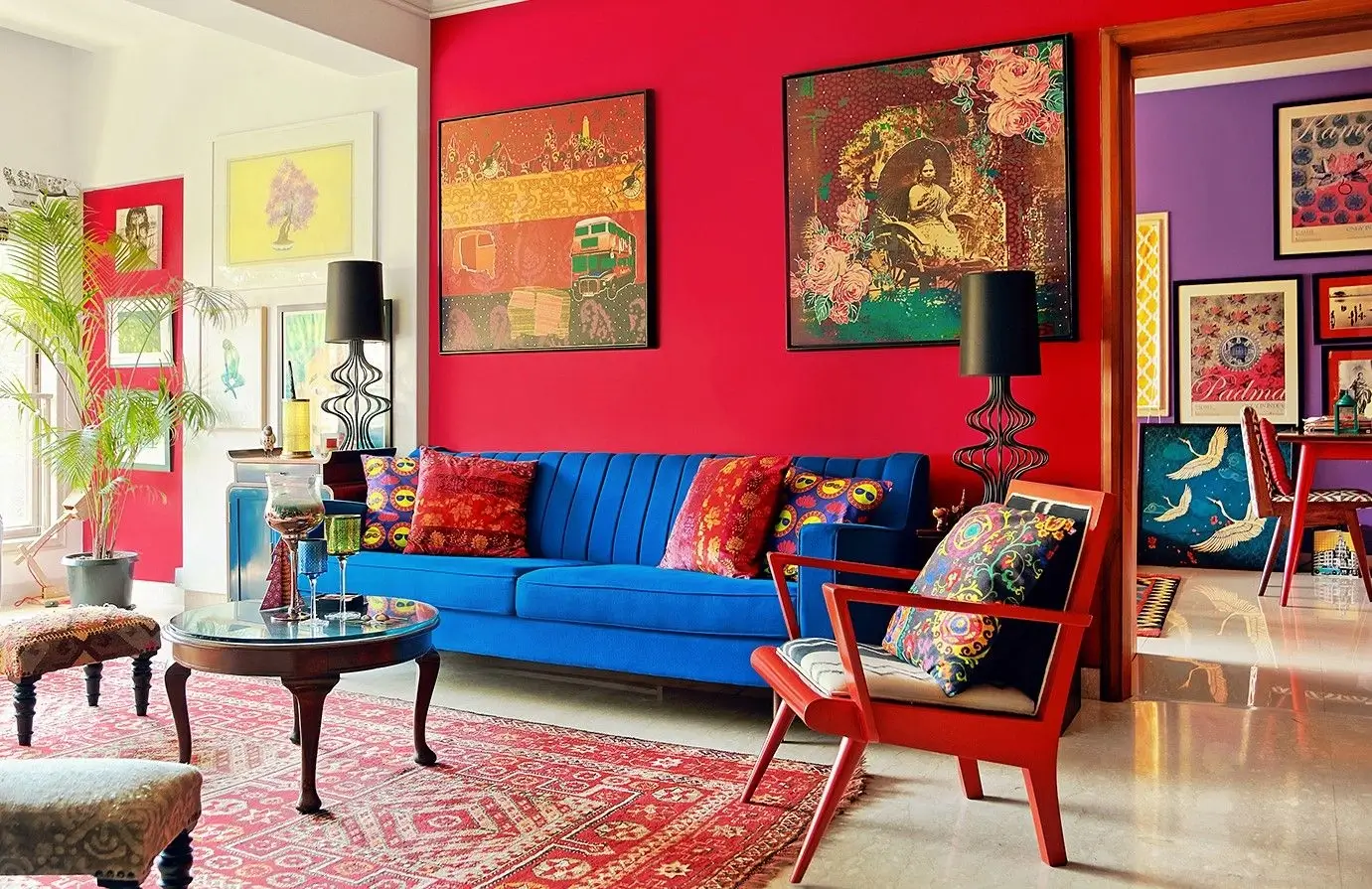 A living room with a bold accent wall.
