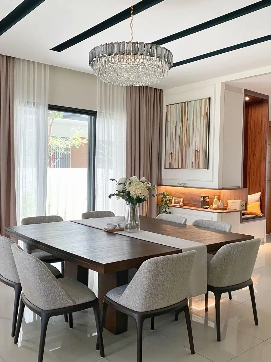 Sunlit modern dining area.